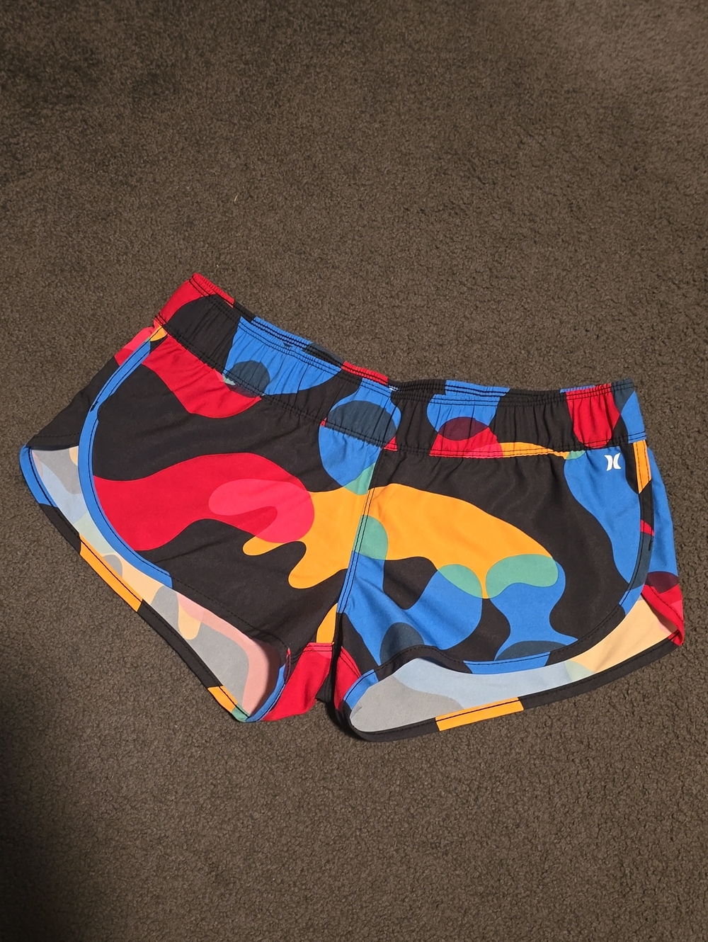 Hurley Women’s Black Athletic Shorts with Red, Blue & Yellow Abstract Print